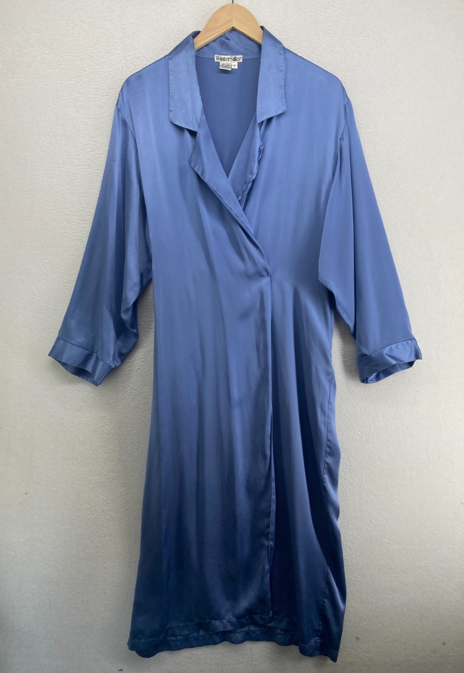 WINTERSILKS Robe M 100% Silk Satin Loungewear Wrap Midi Long Sleeve Blue